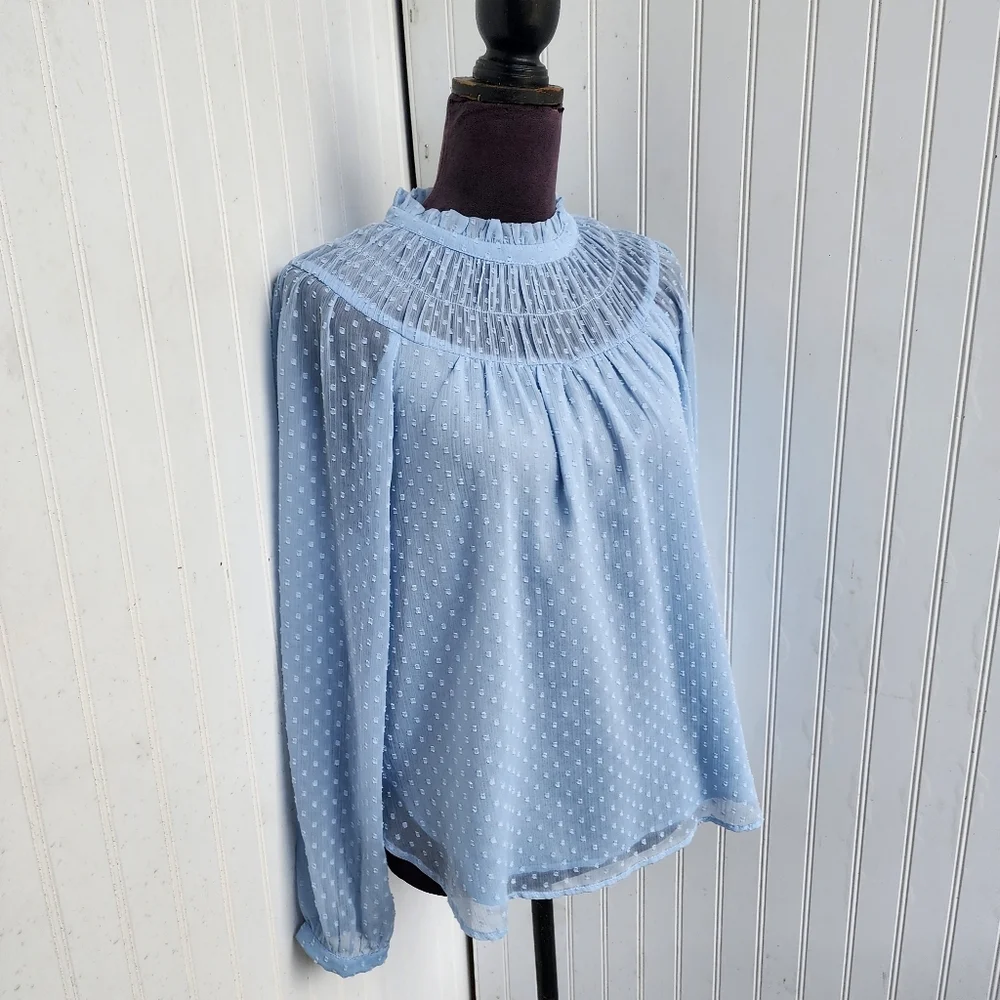 Loft Swiss Dot Ruffle Neck Balloon Sleeve Blouse Light Blue Sheer Boho Keyhole M - Picture 2 of 12